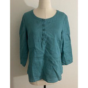 Boden Style WA260 Dark Teal 100% Linen 3/4 Sleeve Button Front Top Women’s US 8